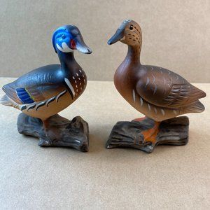 Vintage Enesco Wood and Black Back Duck Bird Figurines # E-2001 Porcelain